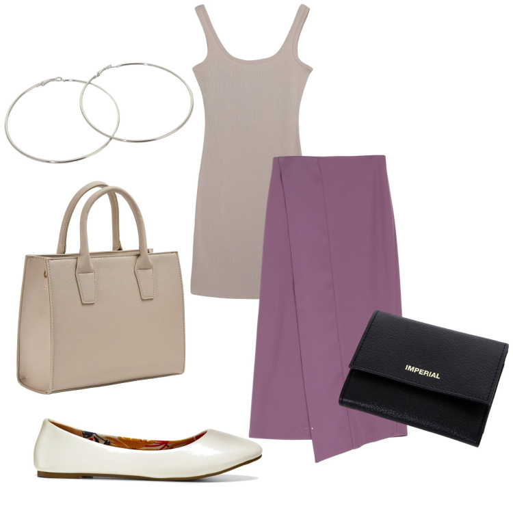 Outfit donna - Linee pulite. Stile Minimal per Tutti i giorni. Abbinamento con ballerine, vestiti, shopping bag, gonne longuette, portafogli, orecchini.