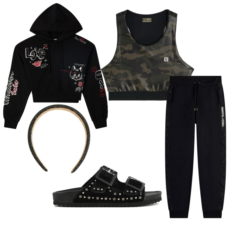 Outfit donna - Rock giorno e notte. Stile Rock per Tutti i giorni. Abbinamento con felpe con cappuccio, cerchietti, pantaloni, reggiseni, sandali.