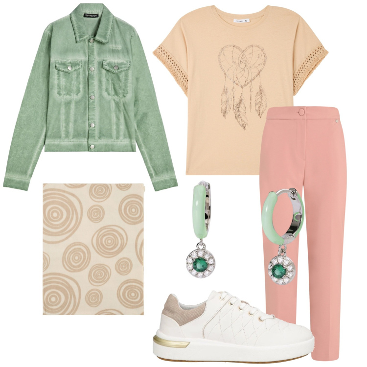Outfit donna - Acchiappasogni. Stile Casual per Tutti i giorni. Abbinamento con sneakers, t-shirt, orecchini, pantaloni, foulard, blazer.