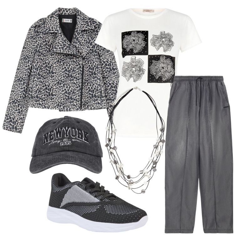 Outfit donna - Grey. Stile Urban per Tutti i giorni. Abbinamento con cappelli, sneakers, t-shirt, blazer, jeans, collane.