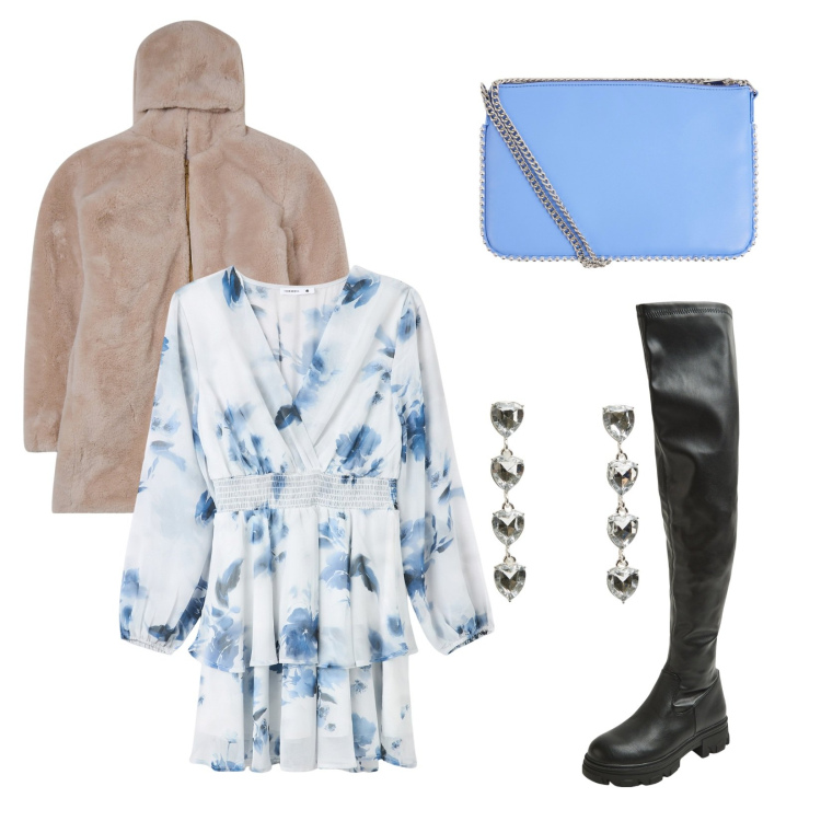 Outfit donna - Azzurro. Stile Bon Ton per Serata fuori. Abbinamento con borse a tracolla, vestiti, ecopellicce, stivali, orecchini.
