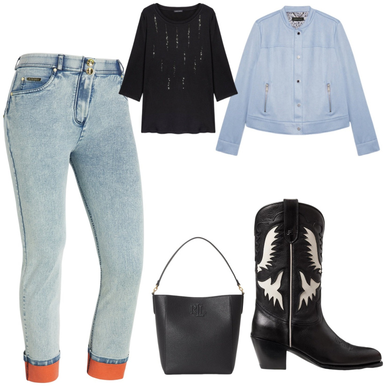 Outfit donna - Stivali e Jeans. Stile Chic per Tutti i giorni. Abbinamento con jeans dritti, stivali, borse a secchiello, blazer, t-shirt.