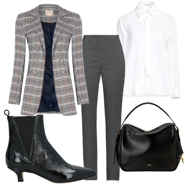 Outfit donna - Riunione a lavoro. Stile Chic per Ufficio. Abbinamento con stivaletti chelsea, pantaloni, camicie, blazer, borse a mano.