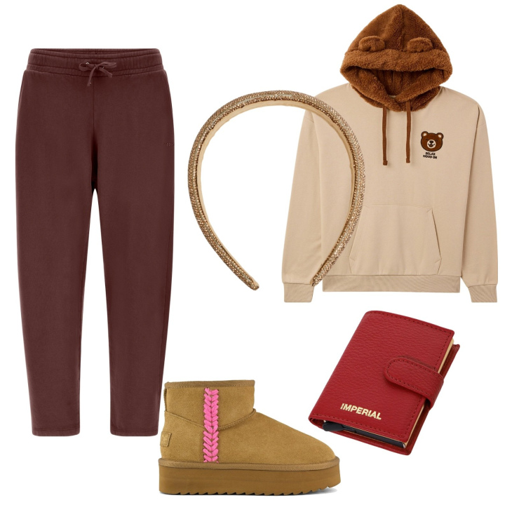 Outfit donna - Lavoro da casa. per Ufficio. Abbinamento con cerchietti, felpe con cappuccio, portafogli, pantaloni, stivaletti.