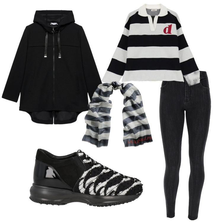 Outfit donna - Vado a camminare. per Tutti i giorni. Abbinamento con sneakers, jeans skinny, polo, sciarpe, parka.
