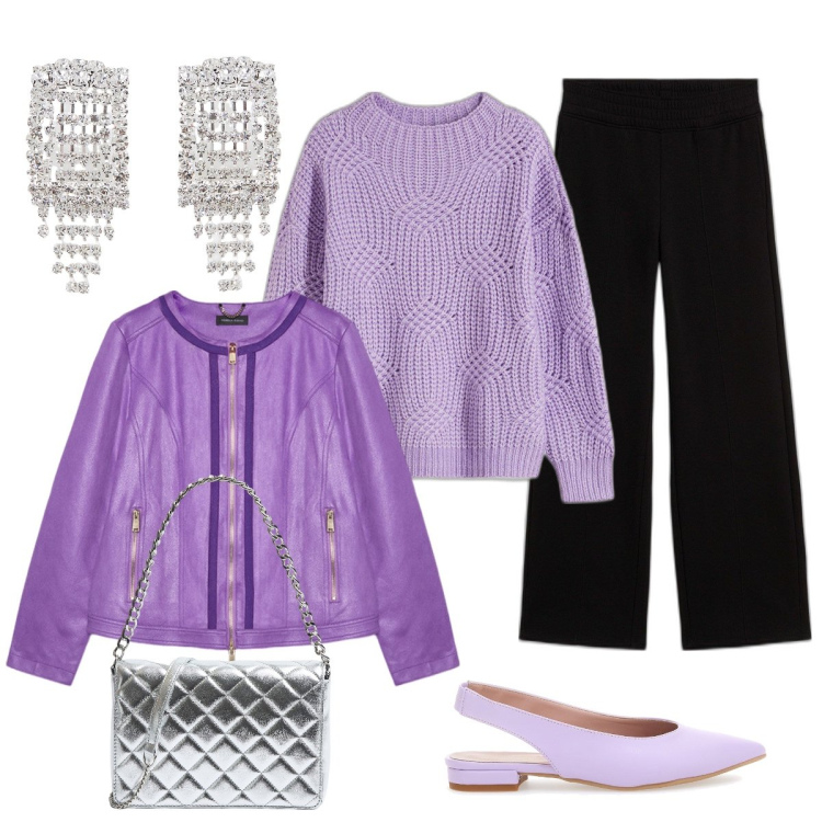 Outfit donna - Serata. Stile Glamour per Serata fuori. Abbinamento con maglieria, pantaloni, borse a tracolla, orecchini, ballerine, blazer.