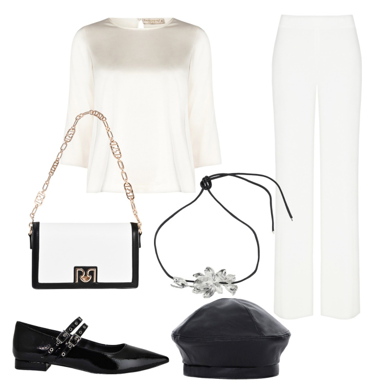 Outfit donna - Bon ton in bianco e nero. Stile Bon Ton per Serata fuori. Abbinamento con bluse, pantaloni a palazzo, borse a tracolla, ballerine, collane, cappelli e berretti.