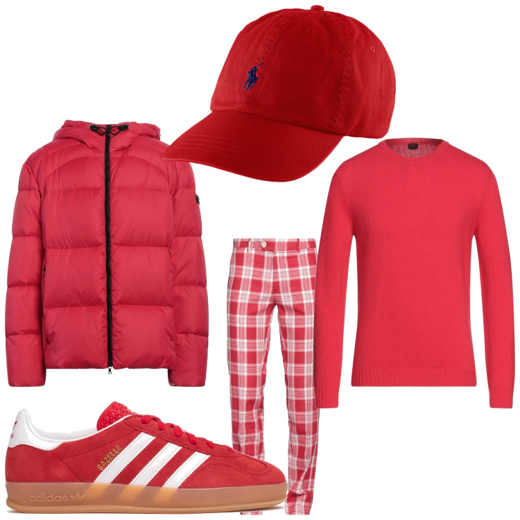 Outfit uomo - Un uomo in rosso. Stile Casual per Tutti i giorni. Abbinamento con pullovers, pantaloni, piumini, cappelli, sneakers.
