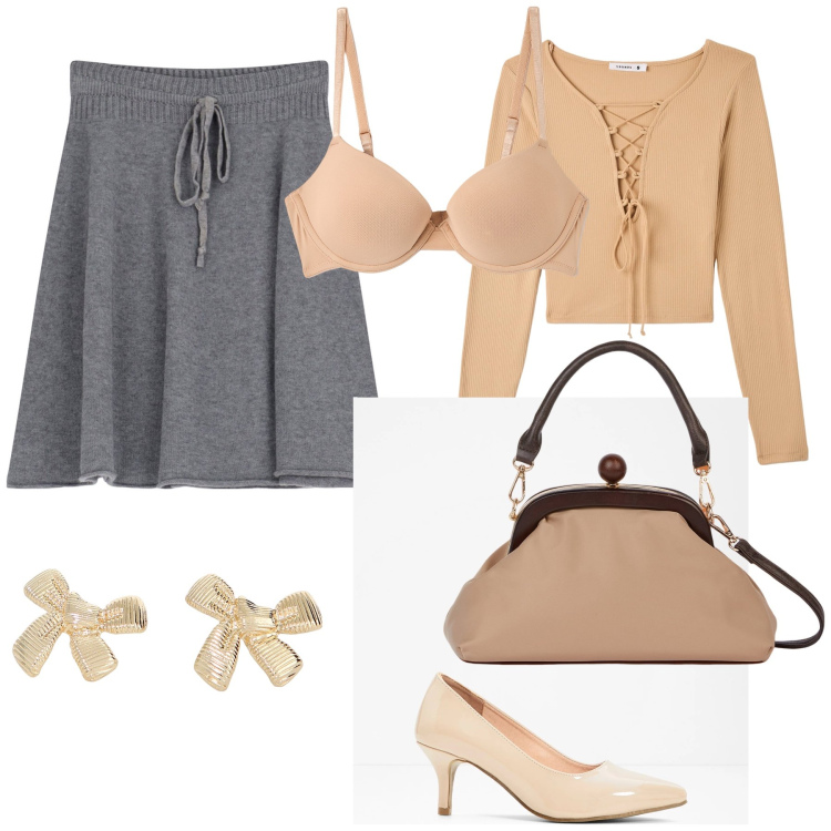 Outfit donna - Fiocchetti. Stile Bon Ton per Tutti i giorni. Abbinamento con décolleté, t-shirt, reggiseni, minigonne, orecchini, clutch.