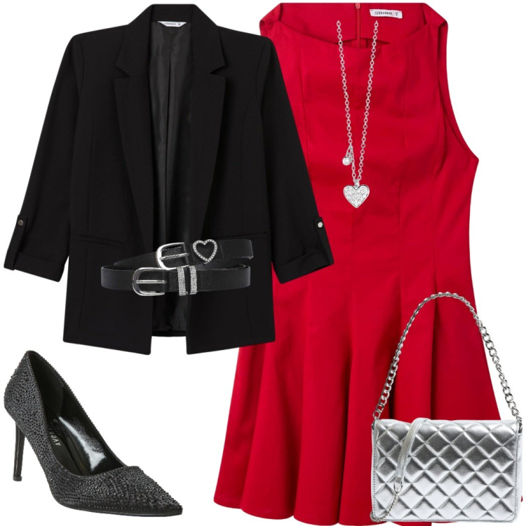 Outfit donna - Valentine\'s day. Stile Bon Ton per Serata fuori. Abbinamento con blazer, décolleté, vestiti corti, borse a tracolla, cinture, collane.