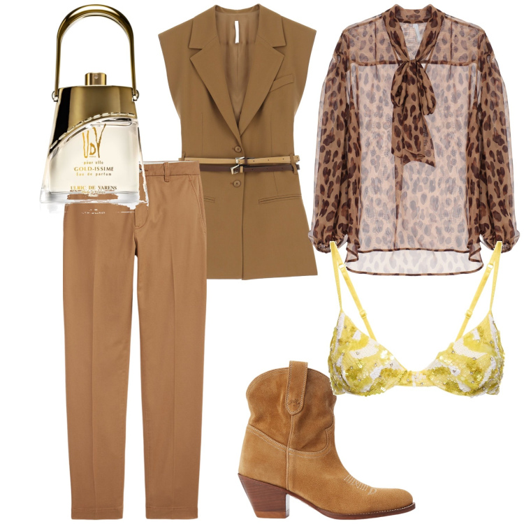 Outfit donna - Toni terrosi e animalier. Stile Urban per Ufficio. Abbinamento con profumi, camicie, gilet, stivaletti, pantaloni chino, reggiseni.