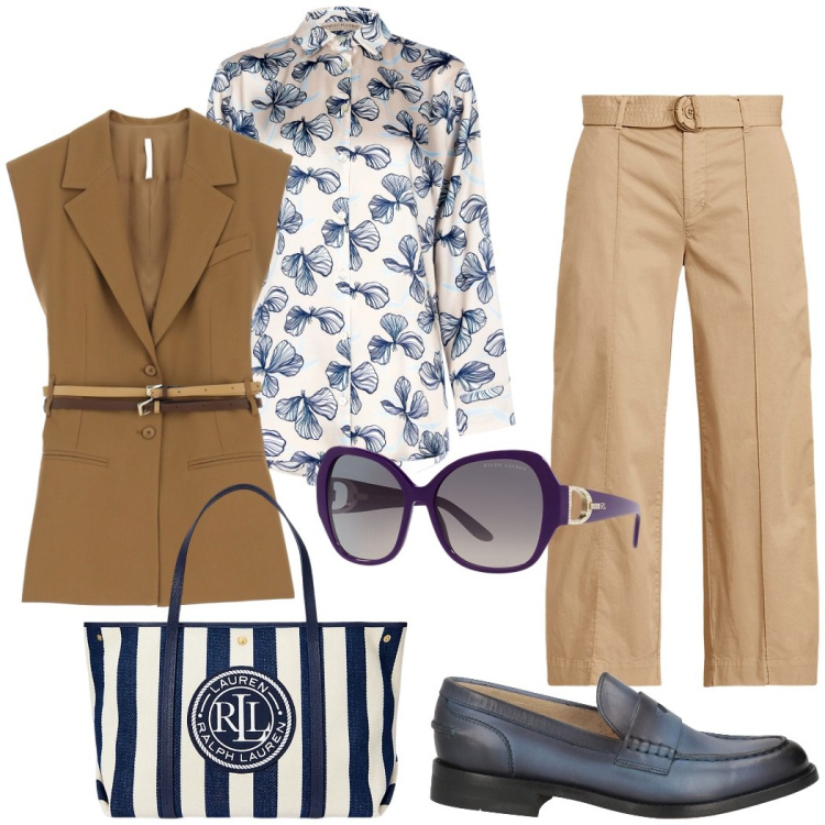 Outfit donna - Weekend fuori città. Stile Chic per Tutti i giorni. Abbinamento con mocassini, gilet, camicie, occhiali da sole, pantaloni, borse tote.