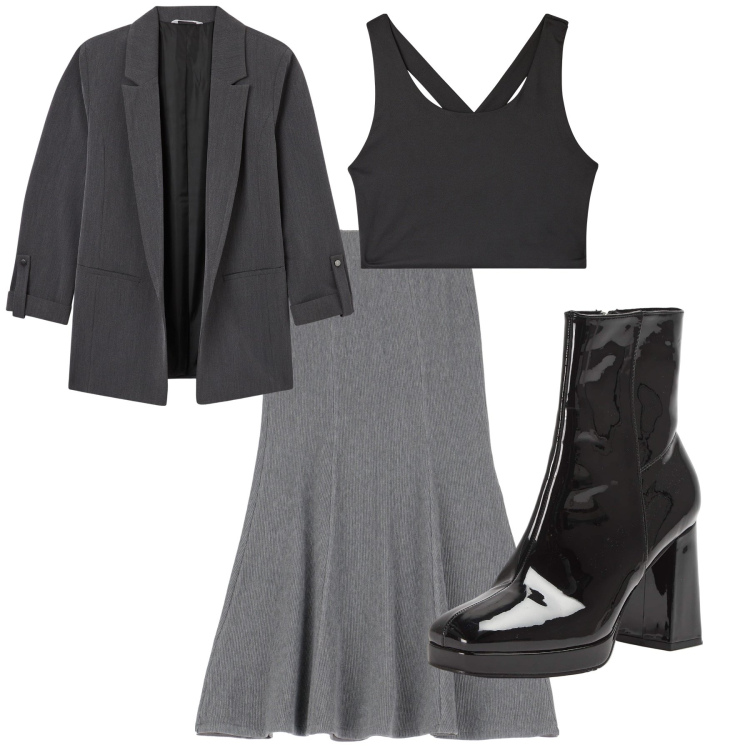 Outfit donna - Grigiore. Stile Glamour per Ufficio. Abbinamento con blazer, stivaletti, top sportivi, gonne lunghe.