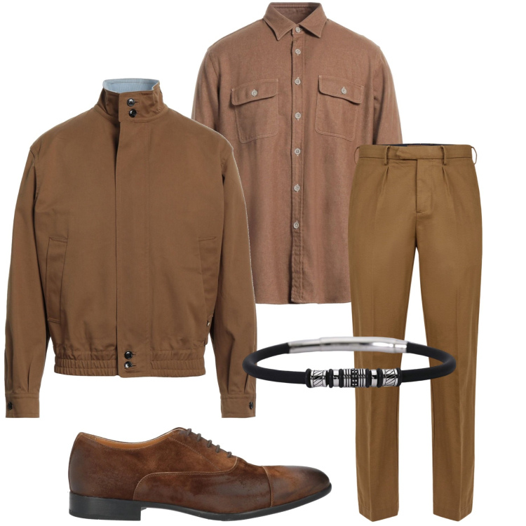 Outfit uomo - Mocha mousse. Stile Urban per Ufficio. Abbinamento con scarpe stringate, giacche, camicie, braccialetti, pantaloni.