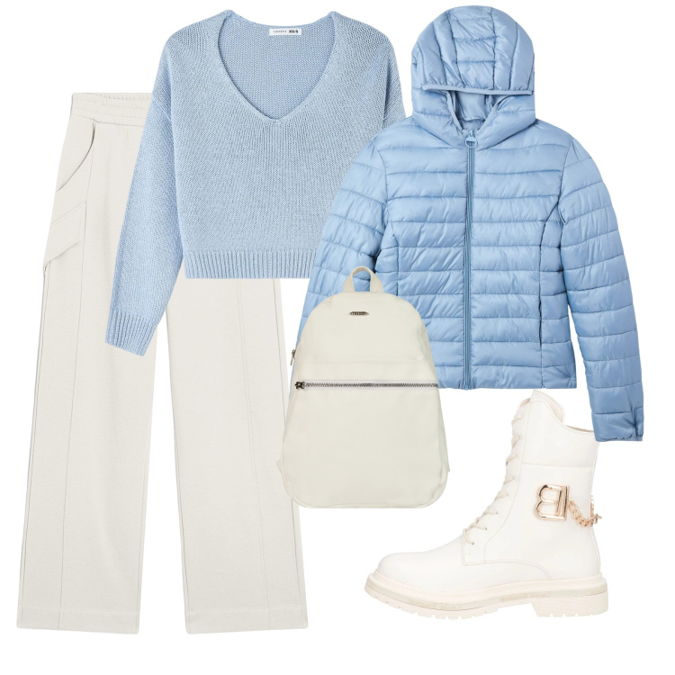 Outfit donna - Pratico con eleganza. Stile Casual chic per Tutti i giorni. Abbinamento con anfibi, maglieria, piumini, pantaloni, zaini.