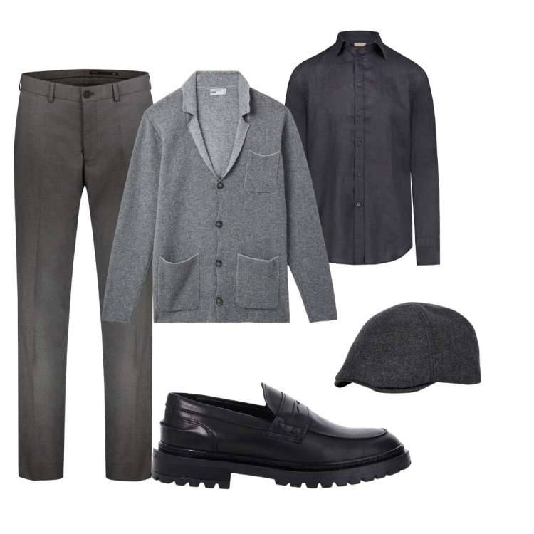 Outfit uomo - Il cardigan giacca. Stile Trendy per Tutti i giorni. Abbinamento con giacche, scarpe stringate, pantaloni, camicie, cappelli con visiera.