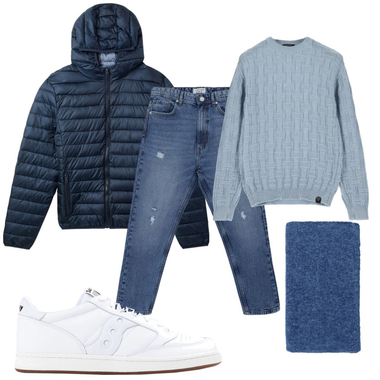 Outfit uomo - Total look #2055099. Stile Casual per Tutti i giorni. Abbinamento con sneakers, piumini, jeans strappati, sciarpe, maglieria.