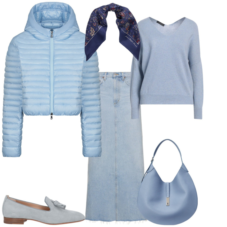 Outfit donna - Primavera 2025. Stile Trendy per Tutti i giorni. Abbinamento con pullovers, mocassini, borse a spalla, foulard, piumini, gonne.