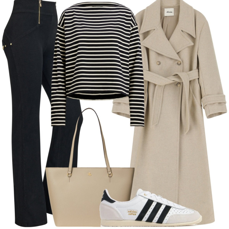 Outfit donna - Urban&chic. Stile Casual chic per Tutti i giorni. Abbinamento con jeans a zampa, trench, borse tote, t-shirt, sneakers.