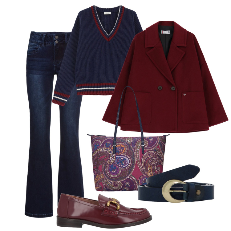 Outfit donna - Blu e bordeaux. Stile Casual chic per Tutti i giorni. Abbinamento con jeans bootcut, mocassini, blazer, pullovers, cinture, borse tote.