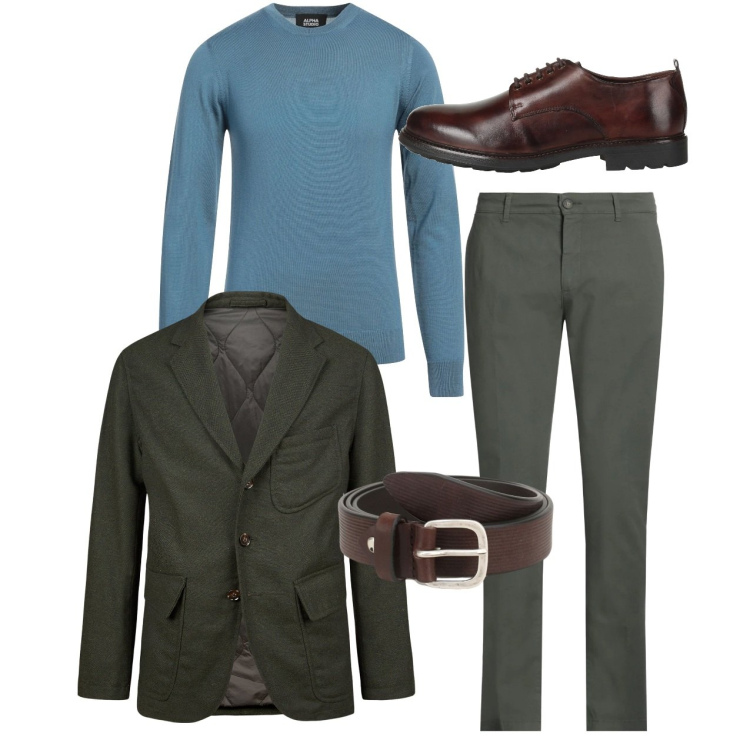Outfit uomo - Il pullover polvere. Stile Casual per Tutti i giorni. Abbinamento con pullovers, scarpe stringate, pantaloni, cinture, giacche.