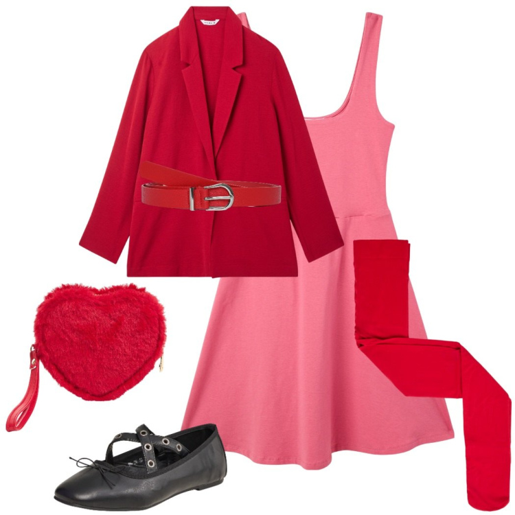 Outfit donna - Rosso&rosa. Stile Romantica per Serata fuori. Abbinamento con blazer, vestiti corti, ballerine, cinture, collant, portafogli.