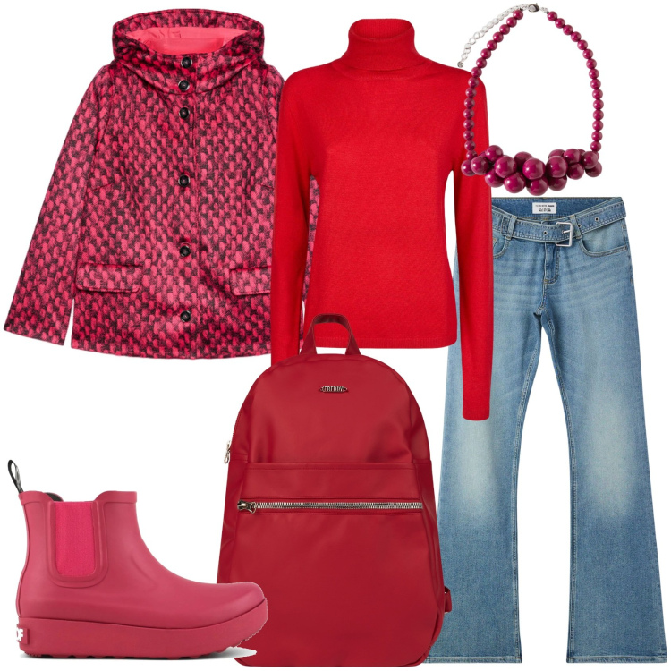 Outfit donna - Pioggia rossa. Stile Casual per Tutti i giorni. Abbinamento con jeans a zampa, zaini, stivali, maglieria, blazer, collane.