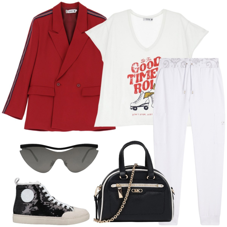 Outfit donna - Total look #2055117. Stile Sporty chic per Tutti i giorni. Abbinamento con borse a mano, sneakers alte, occhiali da sole, blazer, t-shirt, pantaloni sportivi.