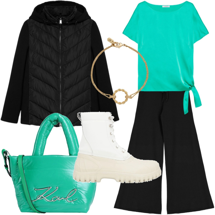 Outfit donna - Completo fluido. Stile Glamour per Tutti i giorni. Abbinamento con borse a mano, stivaletti, pantaloni, braccialetti, bluse, piumini.