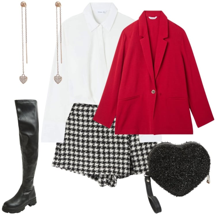 Outfit donna - Rosso e Vichy. Stile Romantica per Serata fuori. Abbinamento con blazer, gonne, bluse, stivali, portafogli, orecchini.