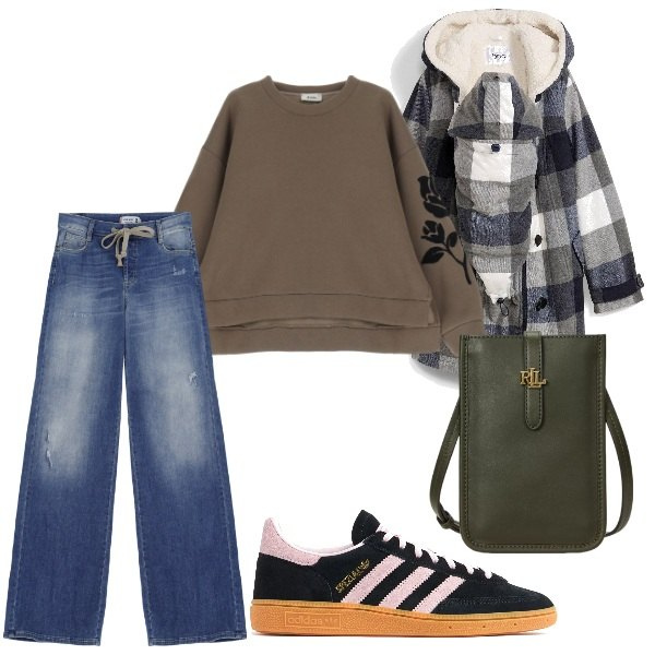 Outfit donna - Total look #2055123. Stile Basic per Scuola/Università. Abbinamento con blazer, jeans a zampa, felpe, borse a tracolla, sneakers.