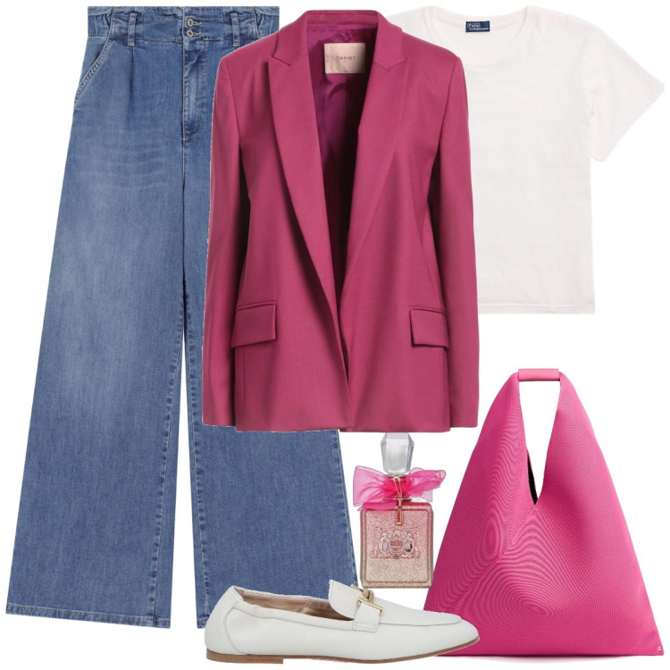 Outfit donna - Semplicità casual. Stile Casual per Tutti i giorni. Abbinamento con blazer, mocassini, profumi, jeans, t-shirt, shopping bag.