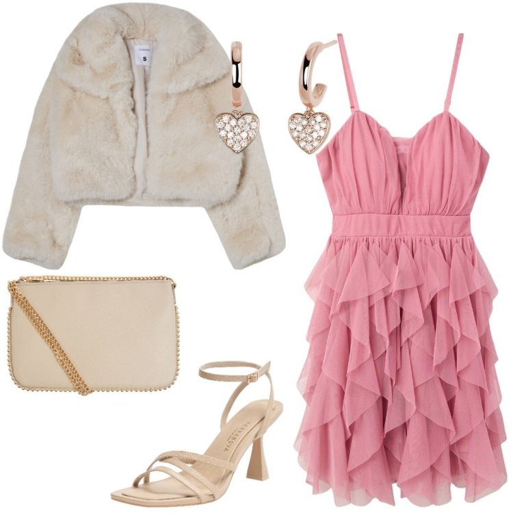 Outfit donna - Cena romantica. Stile Romantica per Serata fuori. Abbinamento con blazer, vestiti corti, sandali col tacco, borse a tracolla, orecchini.