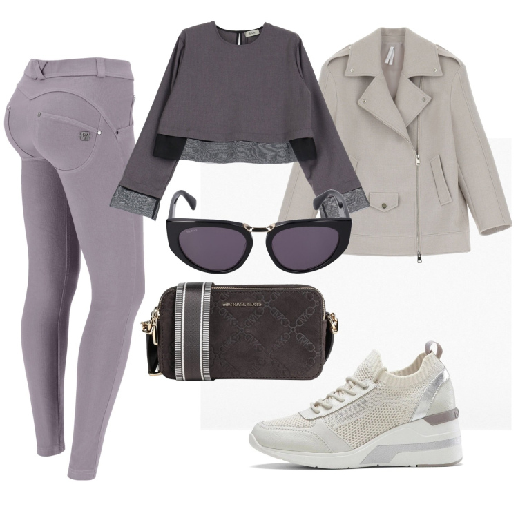 Outfit donna - Total look #2055146. Stile Casual per Tutti i giorni. Abbinamento con sneakers, borse a tracolla, blazer, pantaloni skinny, bluse, occhiali da sole.