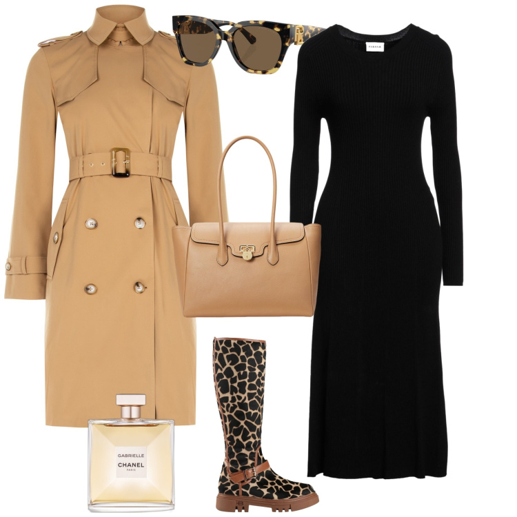 Outfit donna - Week end. Stile Minimal per Tutti i giorni. Abbinamento con vestiti midi/longuette, stivali, profumi, trench, occhiali da sole, borse a mano.