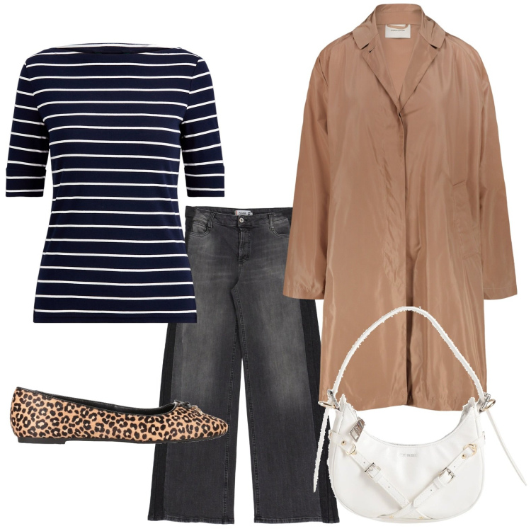 Outfit donna - Il ritorno del trench. Stile Glamour per Ufficio. Abbinamento con ballerine, borse a mano, jeans, maglieria, trench.