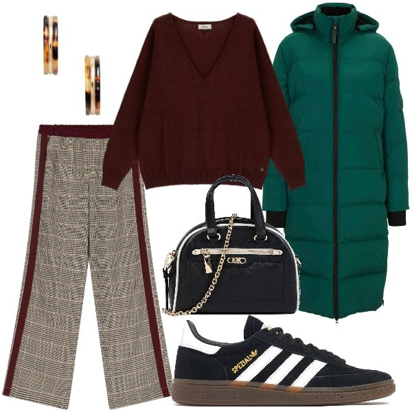 Outfit donna - Total look #2055153. Stile Basic per Tutti i giorni. Abbinamento con piumini, borse a mano, pantaloni, pullovers, orecchini, sneakers.