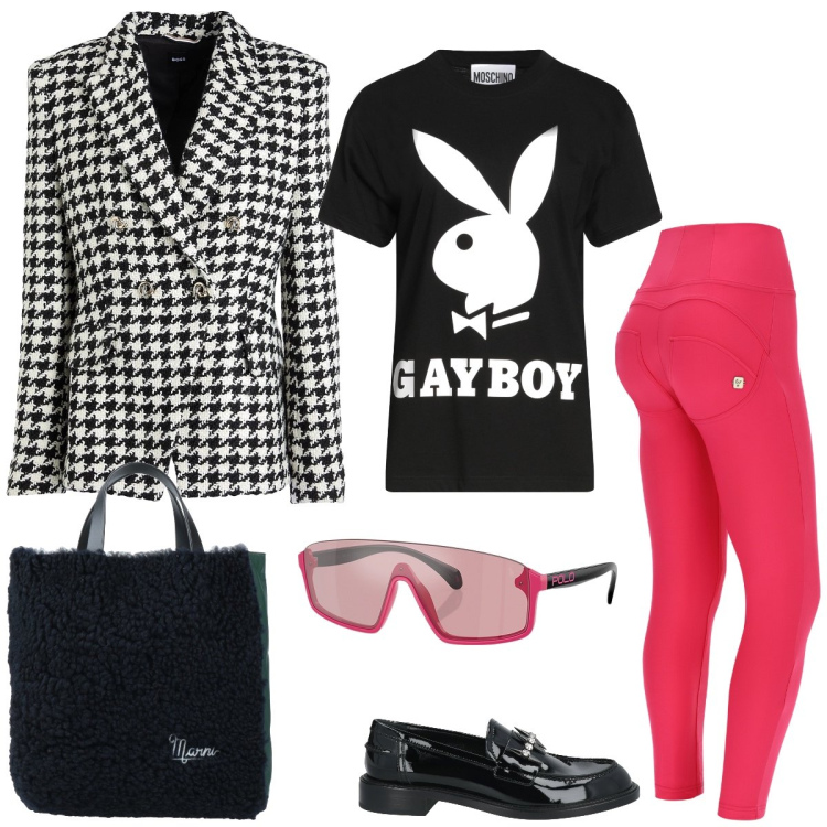 Outfit donna - Total look #2055155. Stile Sporty chic per Tutti i giorni. Abbinamento con blazer, t-shirt, mocassini, borse a mano, pantaloni skinny, occhiali da sole.
