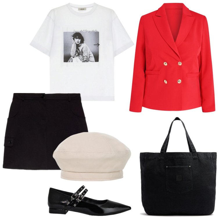 Outfit donna - Borsa pop. Stile Preppy per Scuola/Università. Abbinamento con blazer, cappelli e berretti, ballerine, t-shirt, minigonne, shopping bag.
