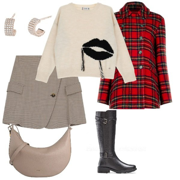 Outfit donna - Total look #2055161. Stile Casual per Tutti i giorni. Abbinamento con stivali, borse a tracolla, orecchini, cappotti, maglieria, minigonne.