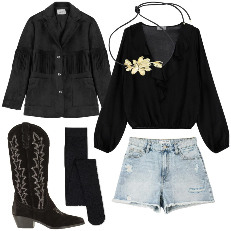 Outfit donna - Cowgirl. Stile Casual per Serata fuori. Abbinamento con collant, stivali, shorts, bluse, collane, blazer.