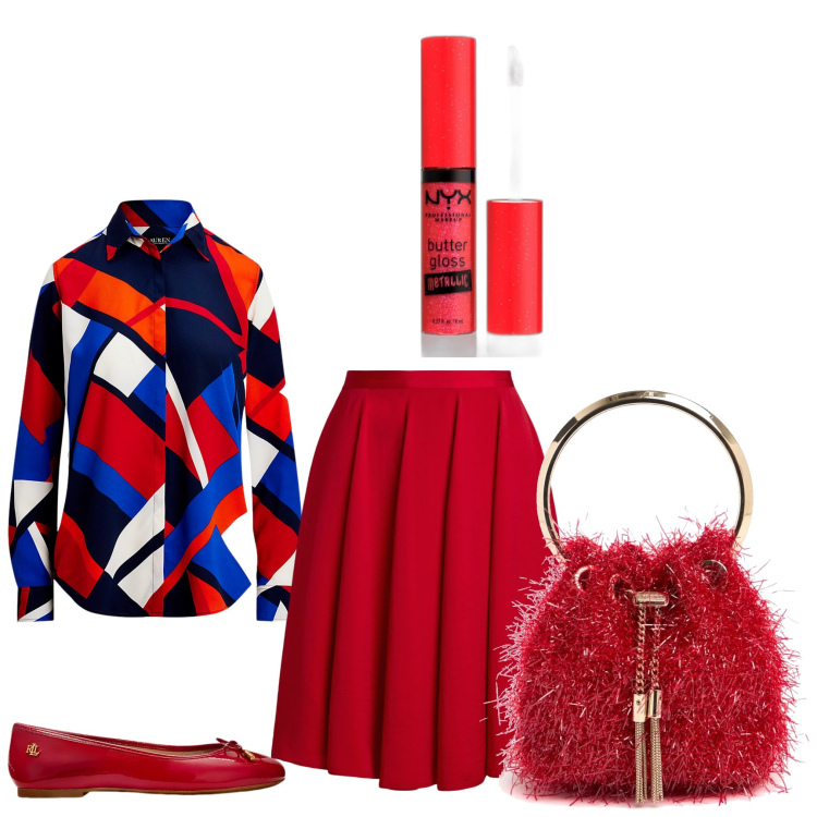Outfit donna - Rosso bon ton. Stile Bon Ton per Ufficio. Abbinamento con gloss, camicie, ballerine, gonne, borse a spalla.