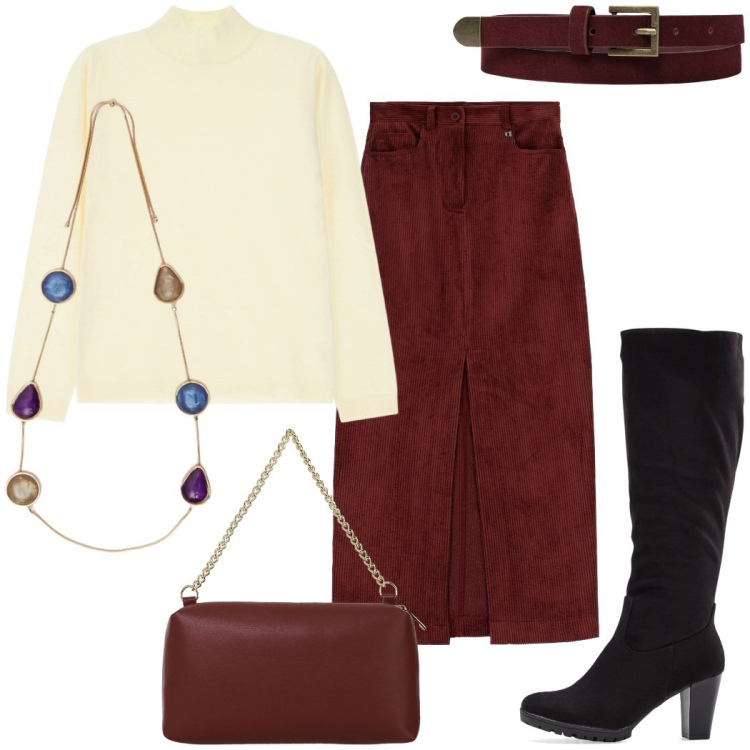 Outfit donna - In ufficio. Stile Casual per Ufficio. Abbinamento con stivali, maglieria, gonne lunghe, borse a tracolla, collane, cinture.