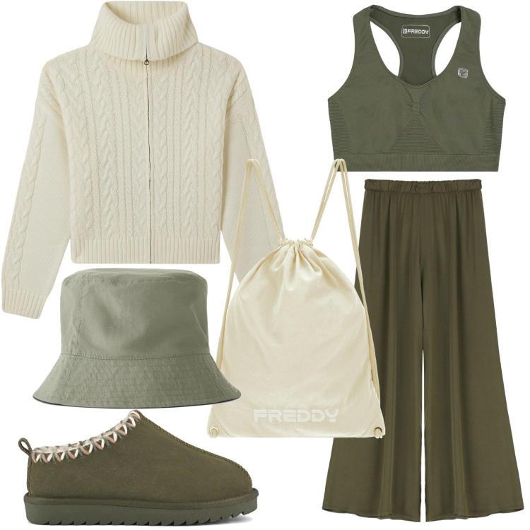 Outfit donna - Tonalità bosco d\'inverno. Stile Glamour per Tutti i giorni. Abbinamento con cappelli, cardigans, reggiseni, zaini, pantaloni, sabot.