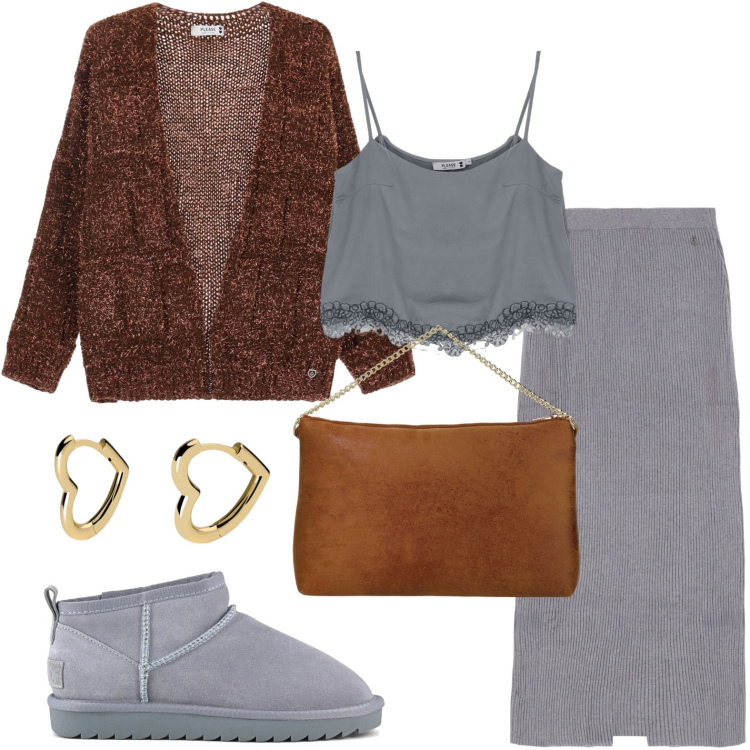 Outfit donna - Cioccolato e pizzo. Stile Casual chic per Tutti i giorni. Abbinamento con orecchini, top, cardigans, gonne lunghe, pochette, stivali.