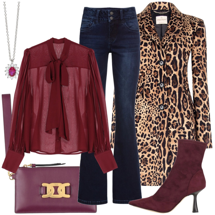 Outfit donna - Be my trendy valentine. Stile Glamour per Serata fuori. Abbinamento con jeans bootcut, pochette, stivaletti, collane, cappotti, camicie.