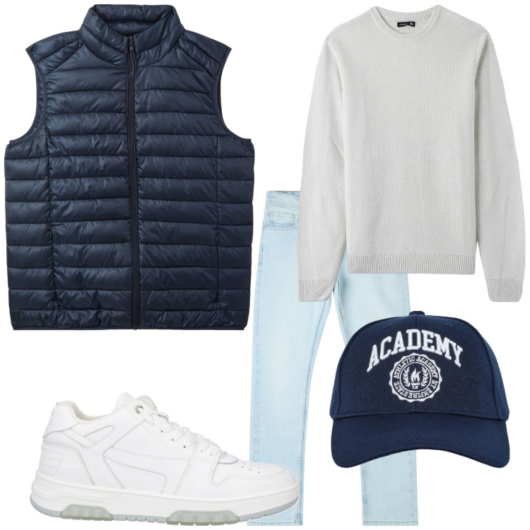 Outfit uomo - Total look #2055192. Stile Urban per Tutti i giorni. Abbinamento con sneakers, jeans dritti, piumini, maglieria, cappelli con visiera.