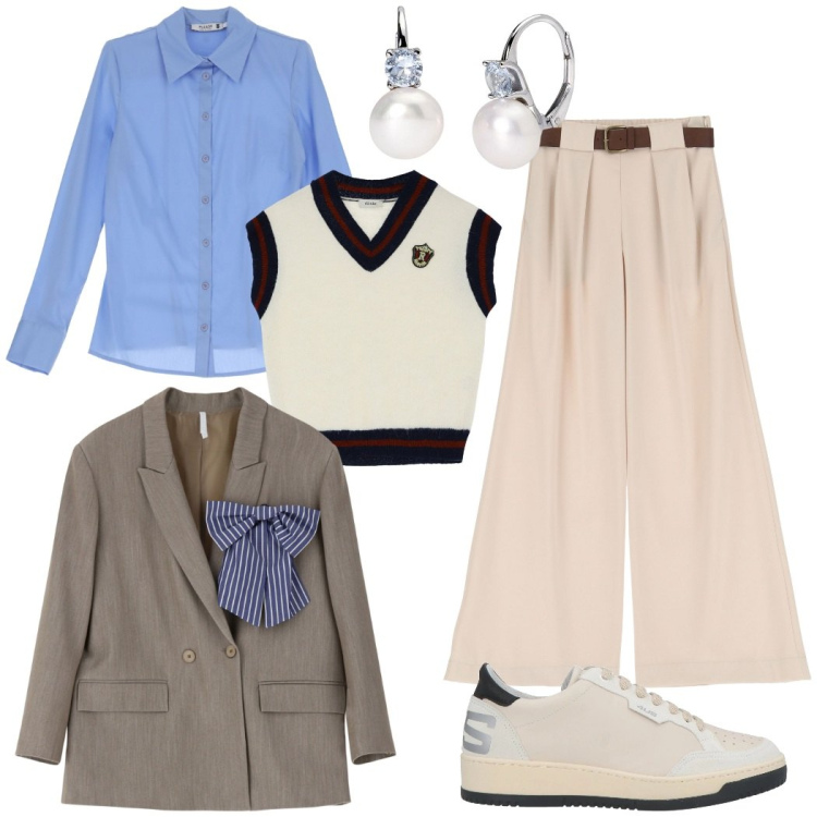 Outfit donna - Stile college. Stile Trendy per Scuola/Università. Abbinamento con sneakers, camicie, orecchini, blazer, pantaloni a palazzo, gilet.