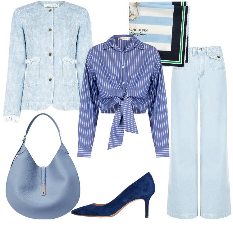 Outfit donna - Con il celeste è subito primavera. Stile Bon Ton per Ufficio. Abbinamento con blazer, jeans dritti, camicie, borse a spalla, décolleté, foulard.
