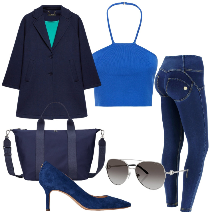 Outfit donna - Blu navy. Stile Sporty chic per Tutti i giorni. Abbinamento con jeggings, décolleté, borse tote, occhiali da sole, top, cappotti.